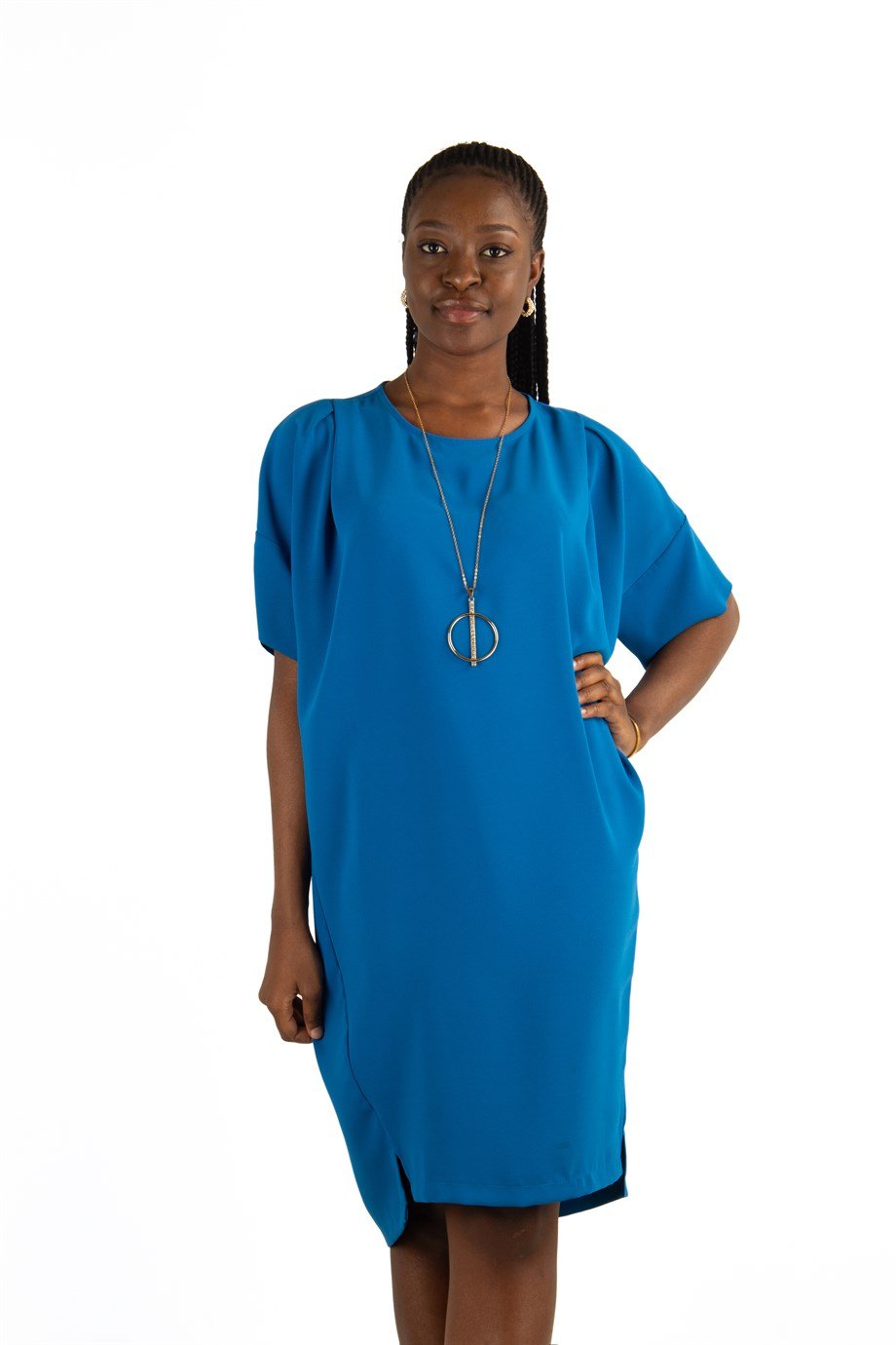 Plain Elegant Midi Short Sleeve Dress - Petrol