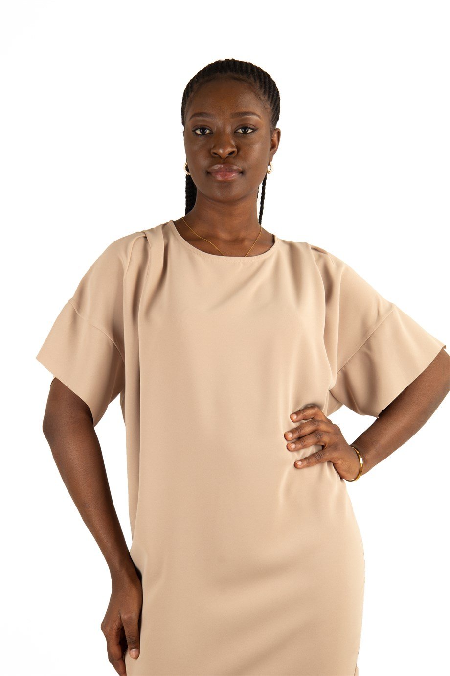 Plain Elegant Midi Short Sleeve Dress - Beige