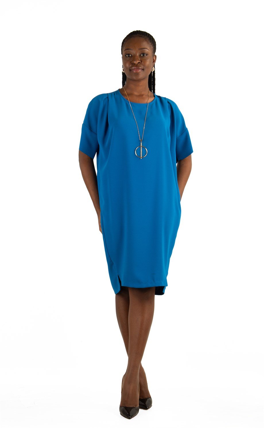 Plain Elegant Midi Short Sleeve Dress - Petrol