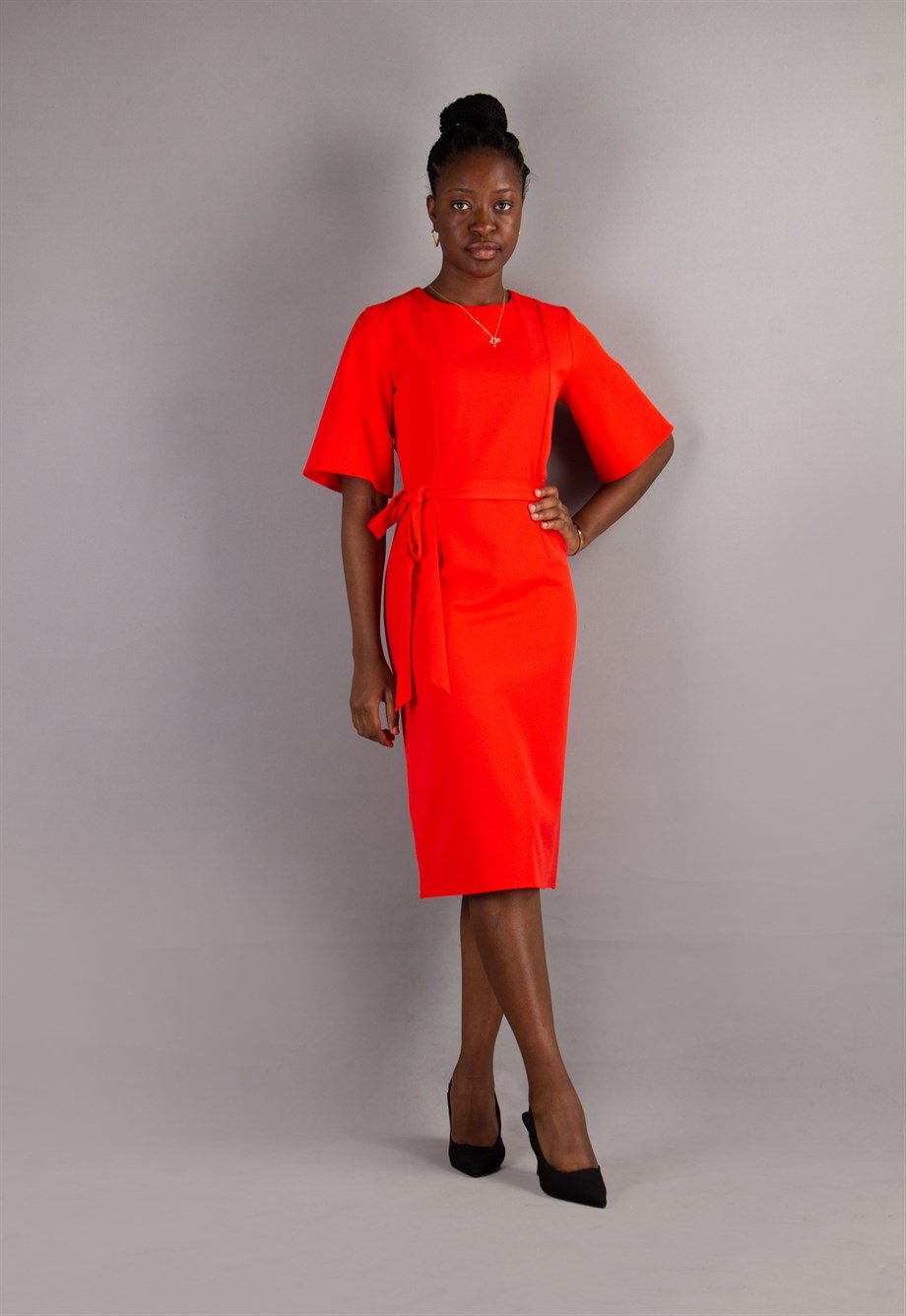 Plain Midi Dress With Matching Belt - Orange