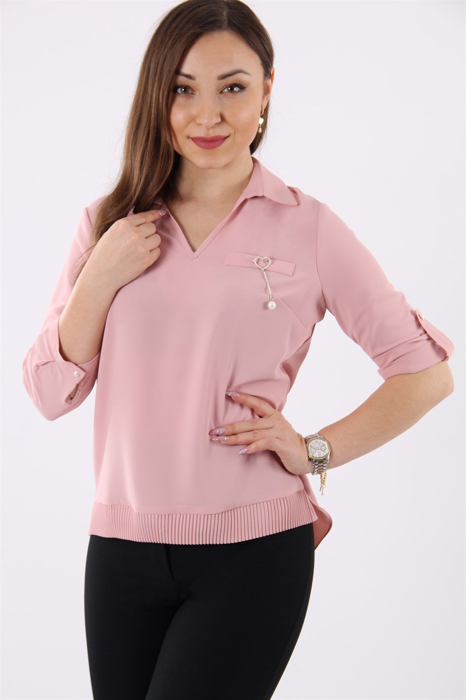 Pleat Bant Detail Blouse - Powder