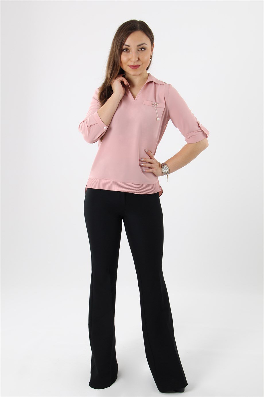 Pleat Bant Detail Blouse - Powder