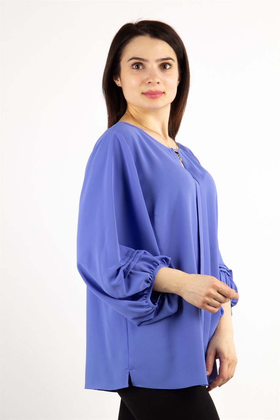 Pleat Detaİl on Sleeve Crew Neck Big Size Blouse - Indigo