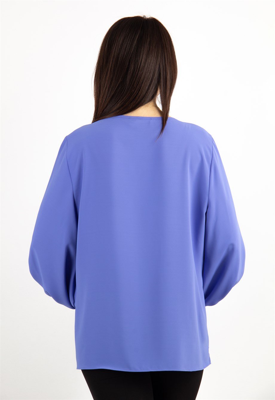 Pleat Detaİl on Sleeve Crew Neck Big Size Blouse - Indigo