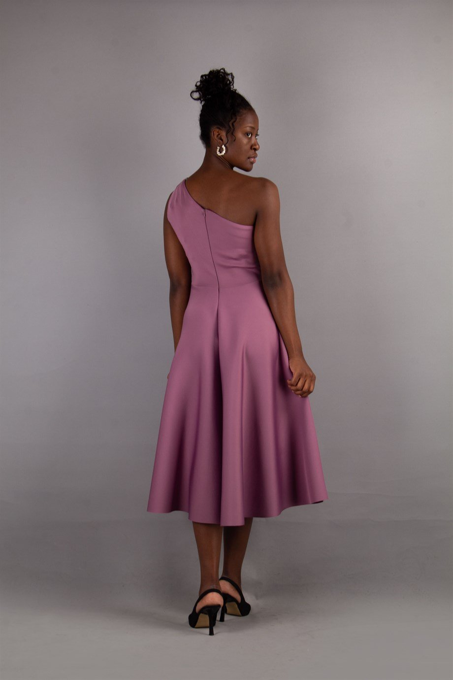 Pleated Asymmetric Cut Long Flare Scuba Dress - Rusty Rose