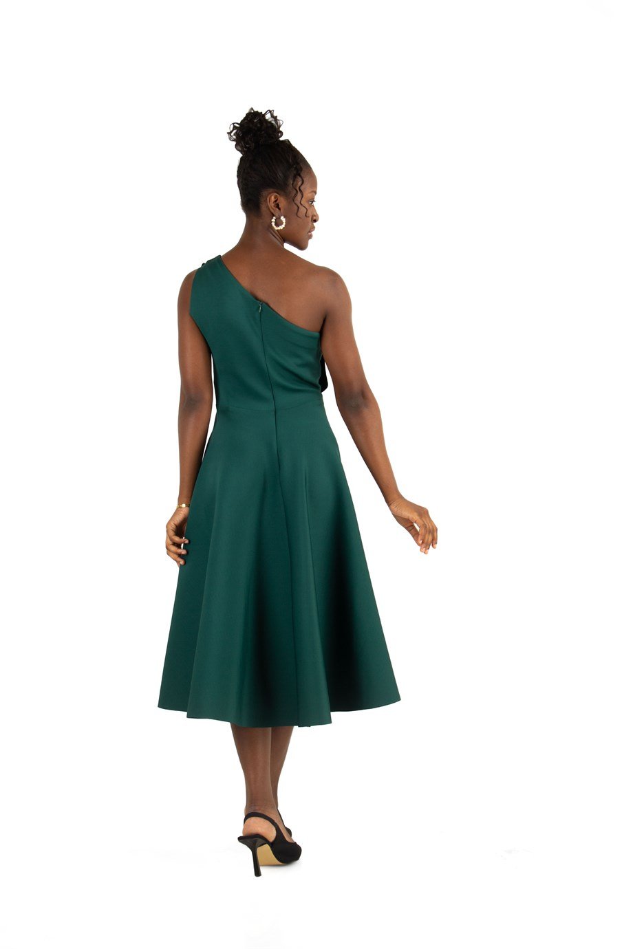 Pleated Asymmetric Cut Long Flare Scuba Dress - Emerald Green
