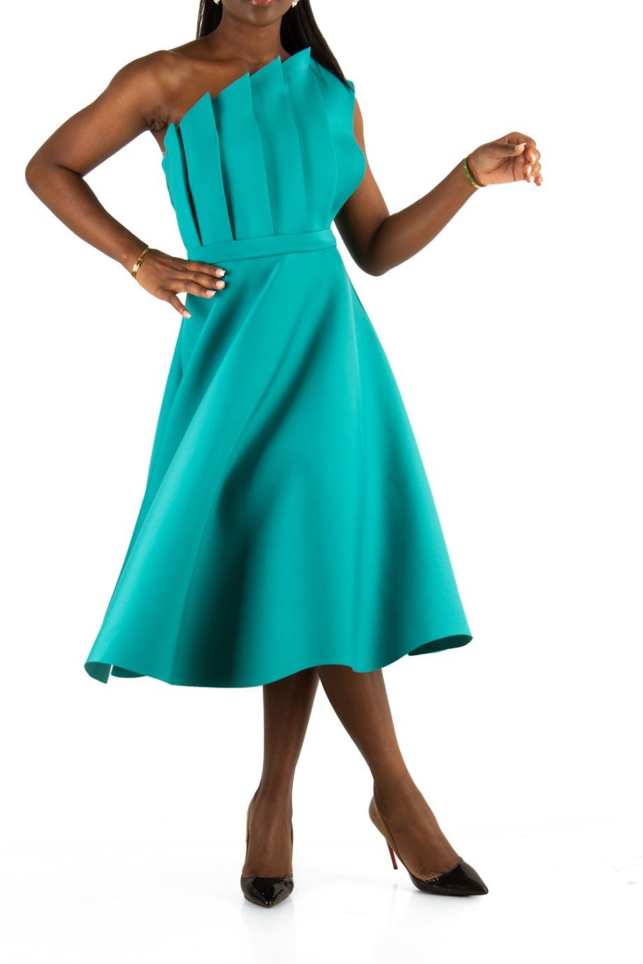Pleated Asymmetric Cut Long Flare Scuba Dress - Benetton Green