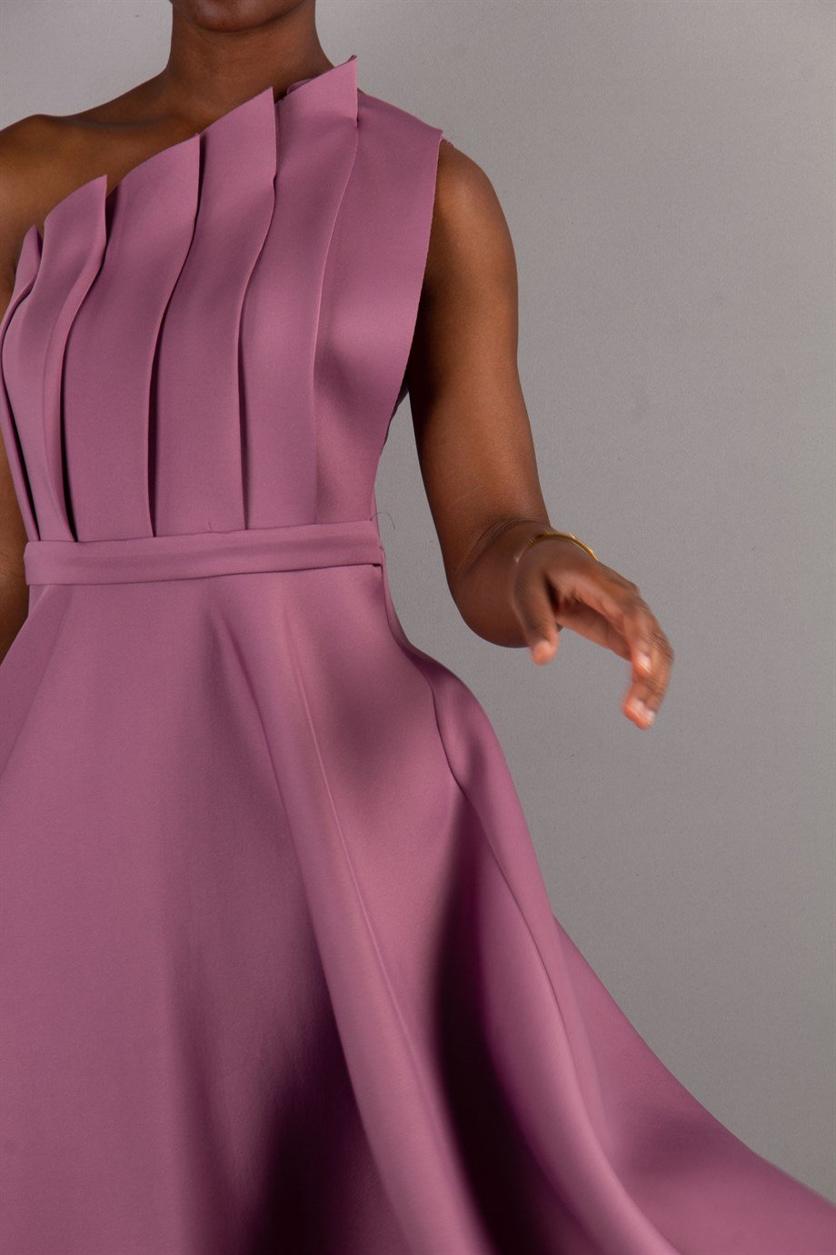 Pleated Asymmetric Cut Long Flare Scuba Dress - Rusty Rose
