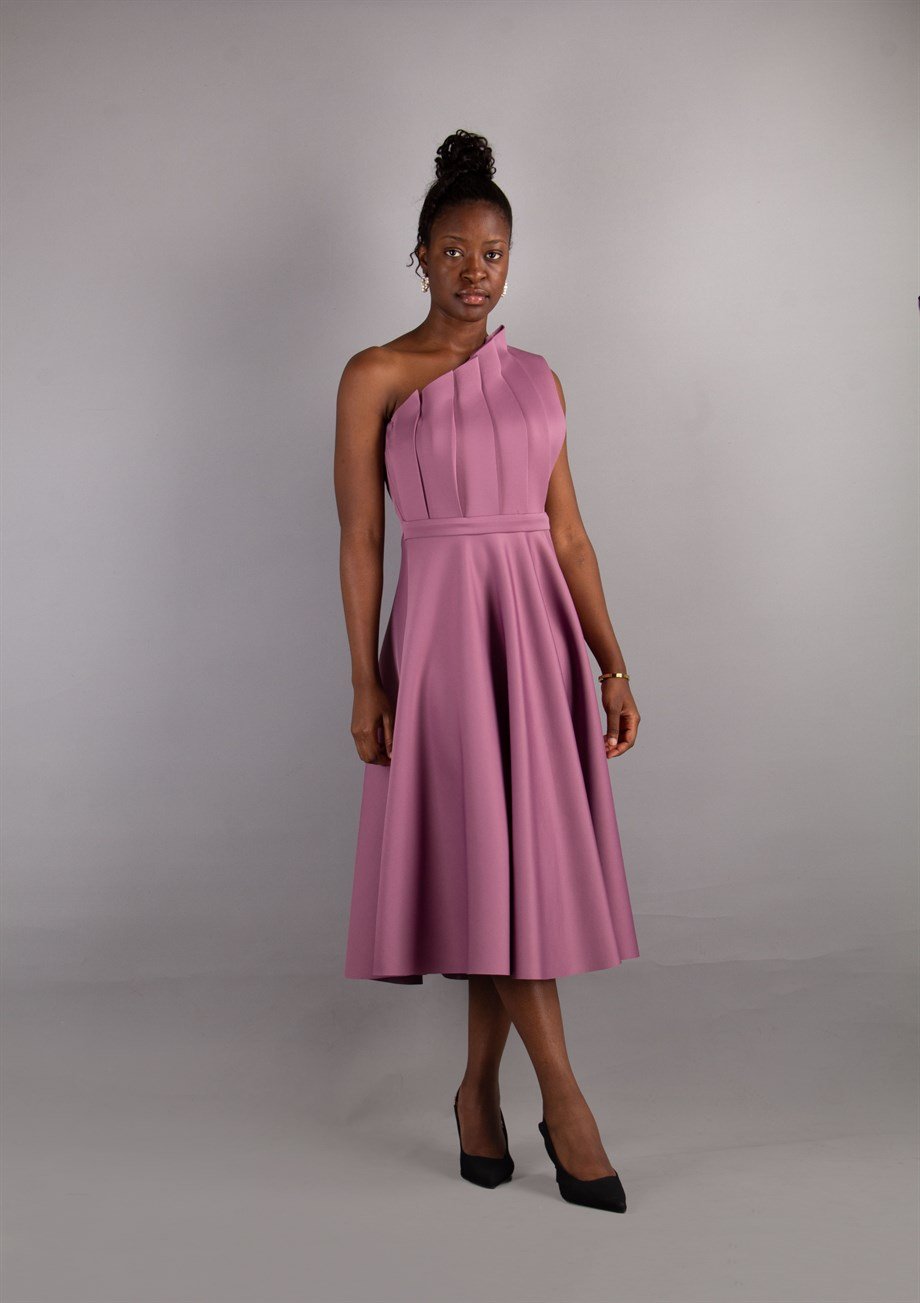 Pleated Asymmetric Cut Long Flare Scuba Dress - Rusty Rose