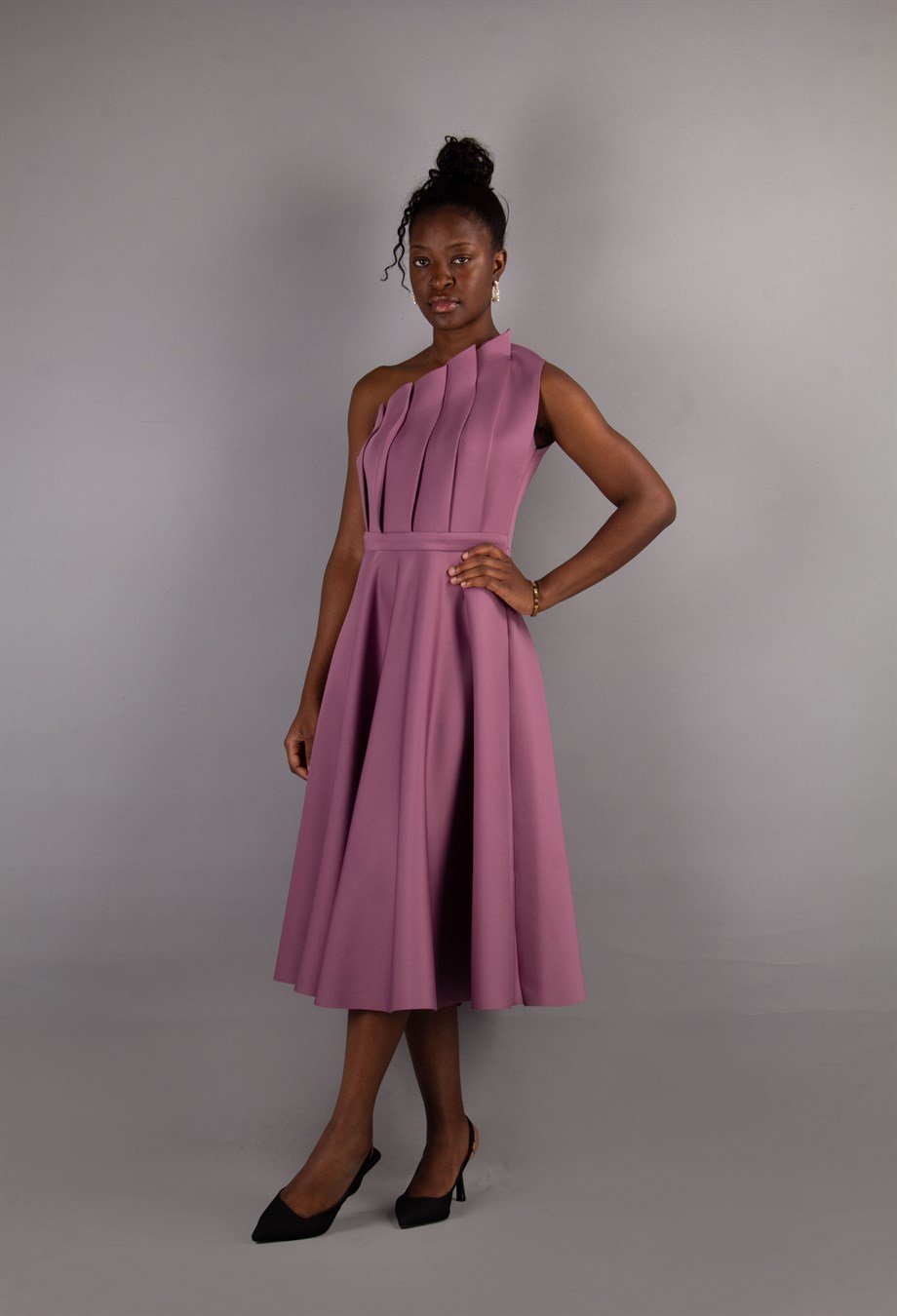 Pleated Asymmetric Cut Long Flare Scuba Dress - Rusty Rose