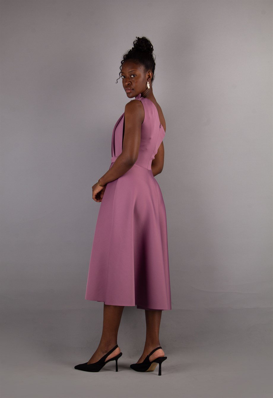 Pleated Asymmetric Cut Long Flare Scuba Dress - Rusty Rose