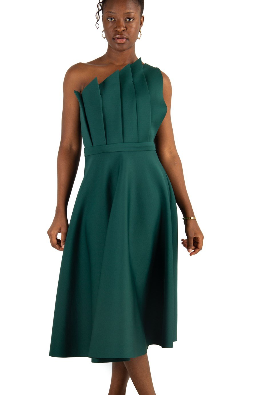Pleated Asymmetric Cut Long Flare Scuba Dress - Emerald Green