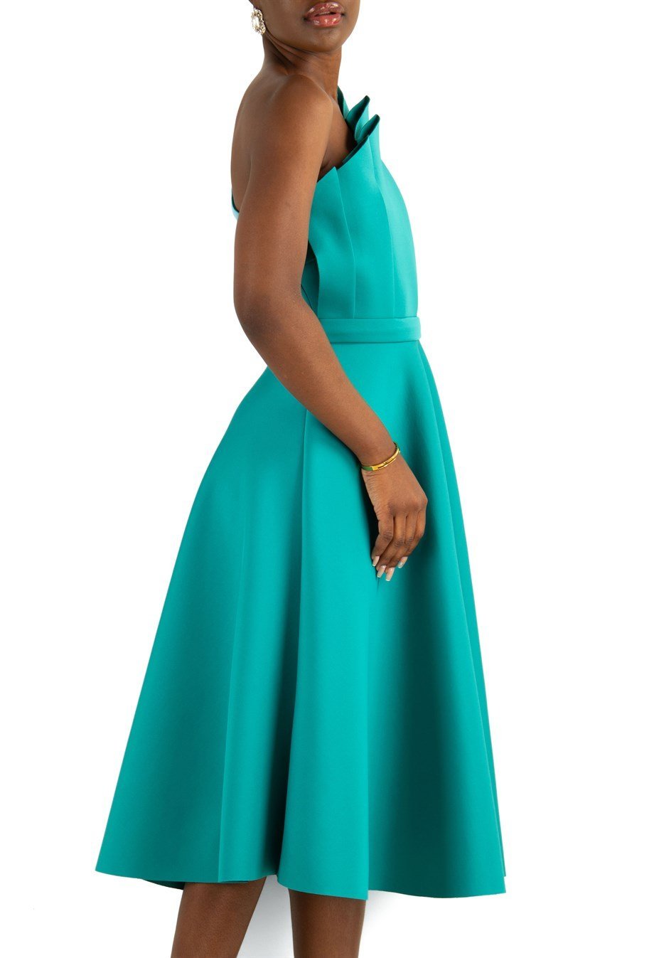 Pleated Asymmetric Cut Long Flare Scuba Dress - Benetton Green
