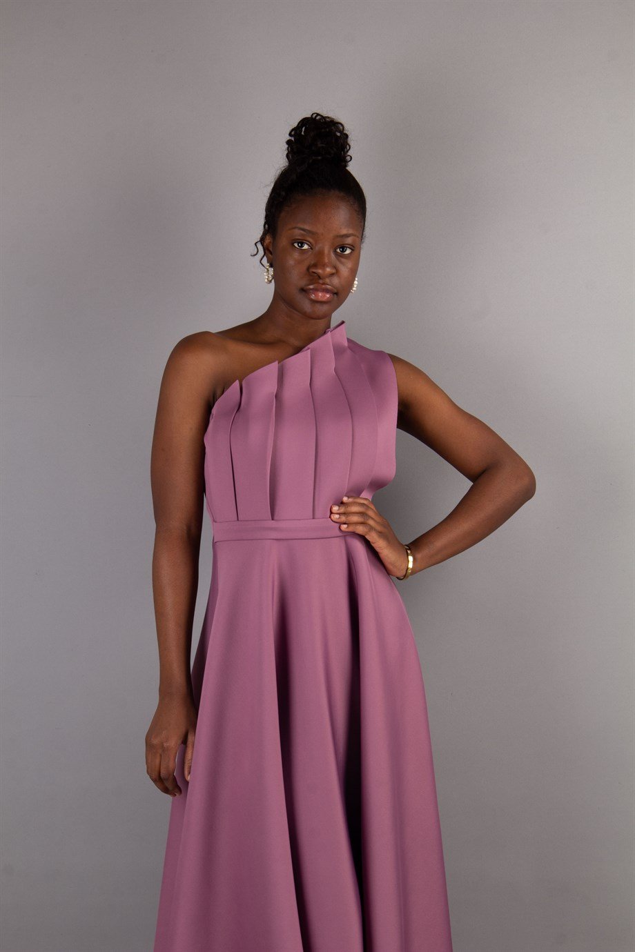 Pleated Asymmetric Cut Long Flare Scuba Dress - Rusty Rose