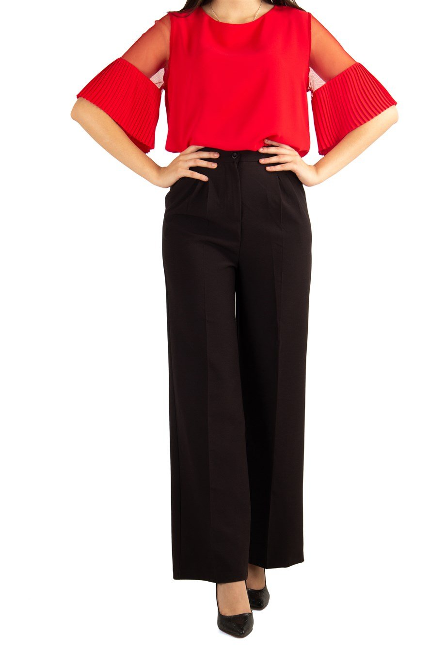 Pleated Classic Wide Leg Trouser - Black