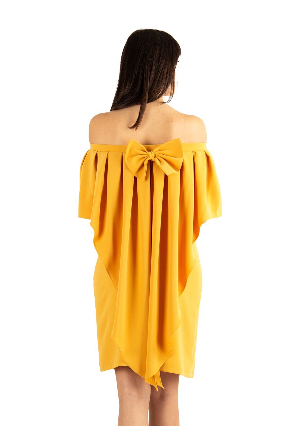 Pleated Cloak Bow Tie Back Big Size Dress - Mustard