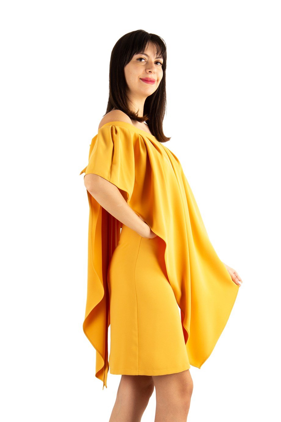 Pleated Cloak Bow Tie Back Big Size Dress - Mustard