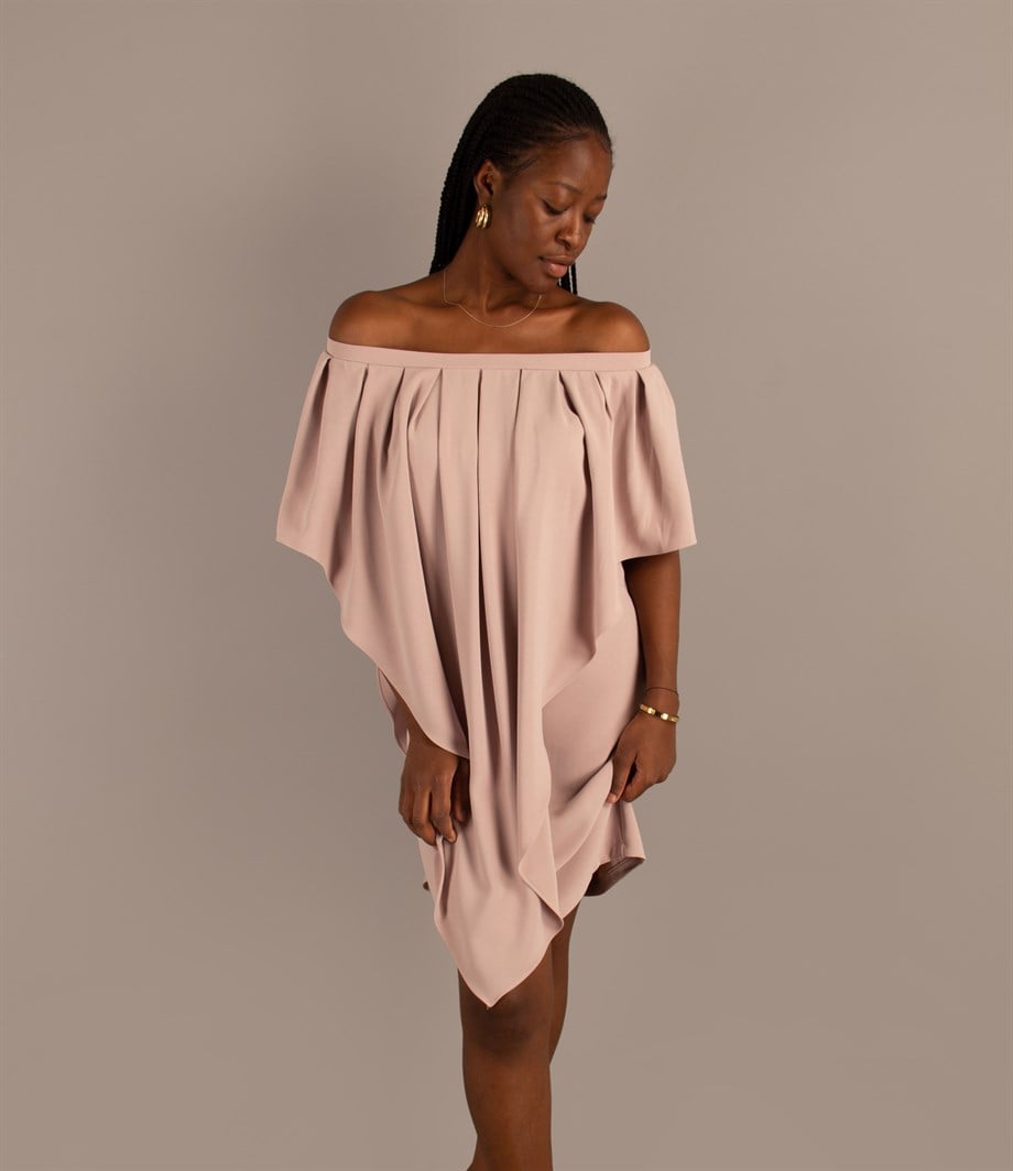 Pleated Cloak Bow Tie Back Big Size Dress - Powder