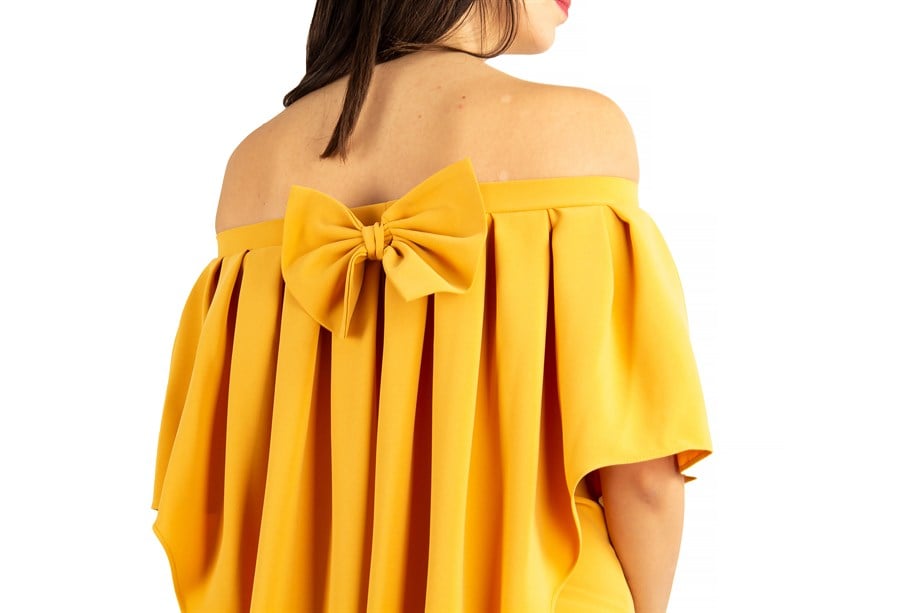 Pleated Cloak Bow Tie Back Big Size Dress - Mustard