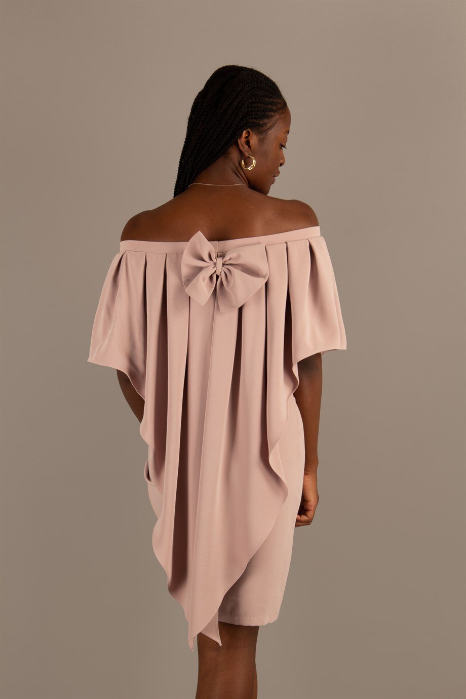 Pleated Cloak Bow Tie Back Big Size Dress - Powder