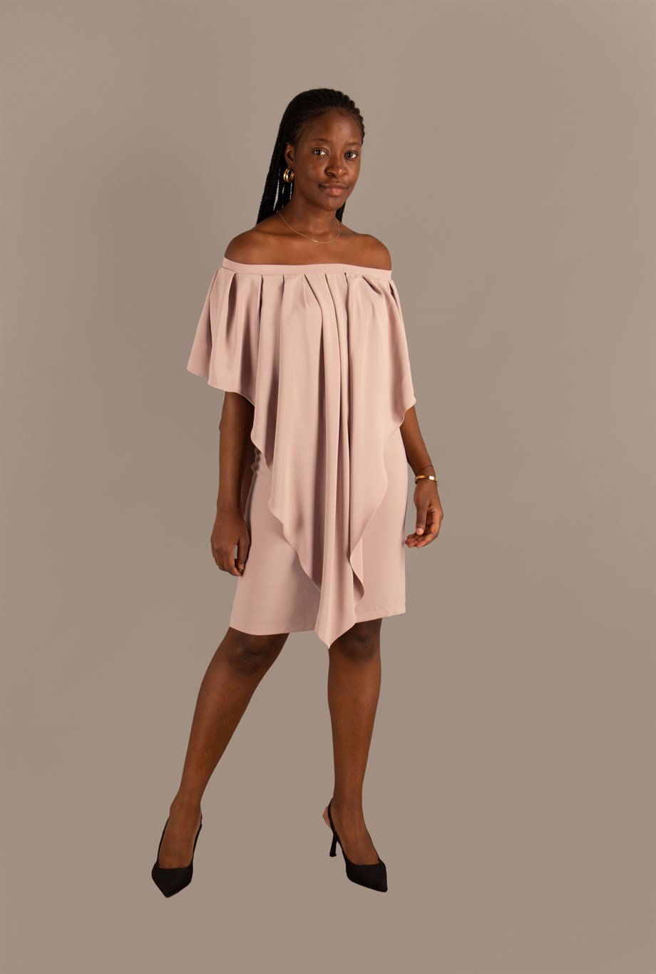 Pleated Cloak Bow Tie Back Big Size Dress - Powder
