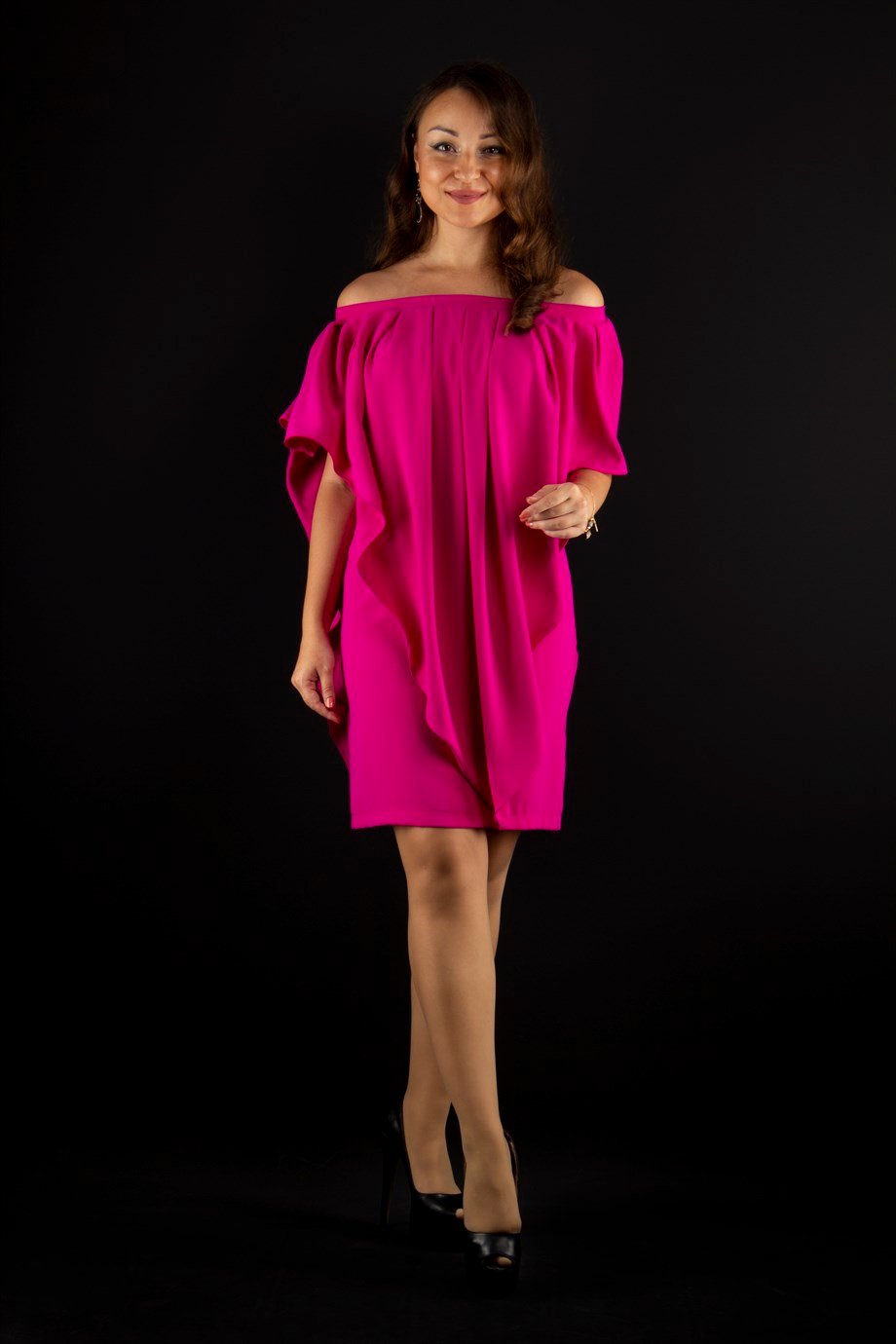 Pleated Cloak Bow Tie Back Dress - Fuchsia