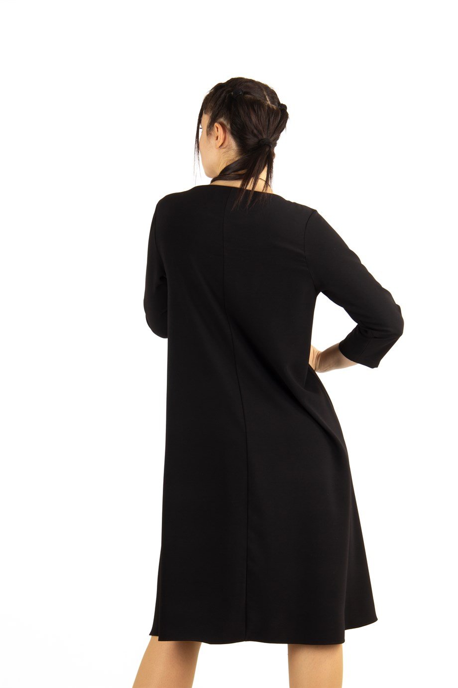 Pleated Detail 3/4 Sleeves Plain Midi Dress - Black