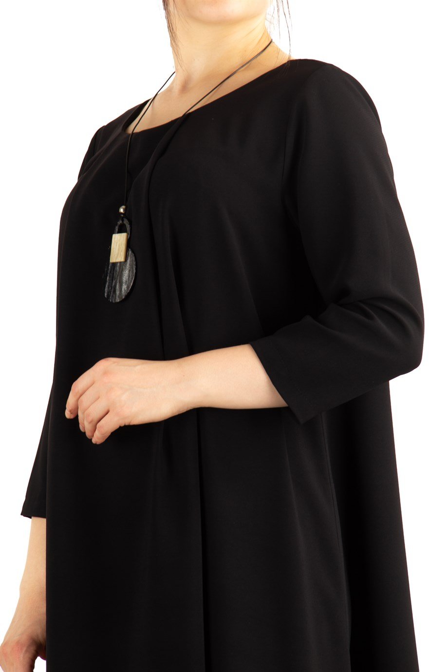 Pleated Detail 3/4 Sleeves Plain Midi Dress - Black