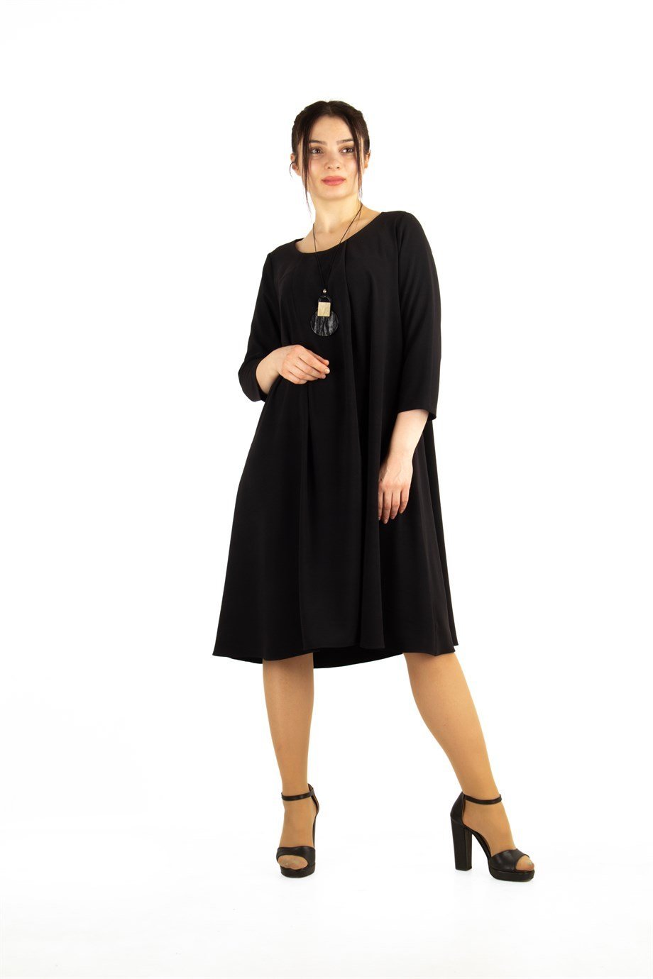 Pleated Detail 3/4 Sleeves Plain Midi Dress - Black