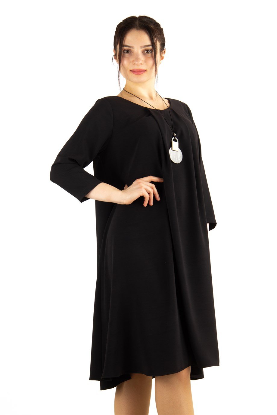 Pleated Detail 3/4 Sleeves Plain Midi Dress - Black