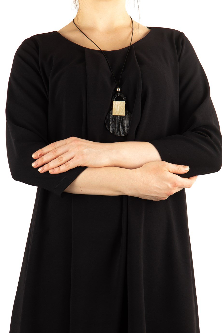 Pleated Detail 3/4 Sleeves Plain Midi Dress - Black