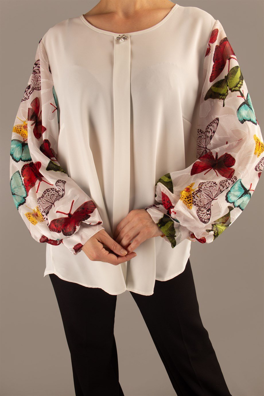 Print Lace Baloon Sleeve Big Size Blouse - White