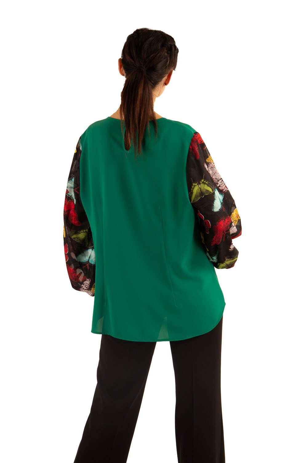 Print Lace Baloon Sleeve Big Size Blouse - Emerald Green