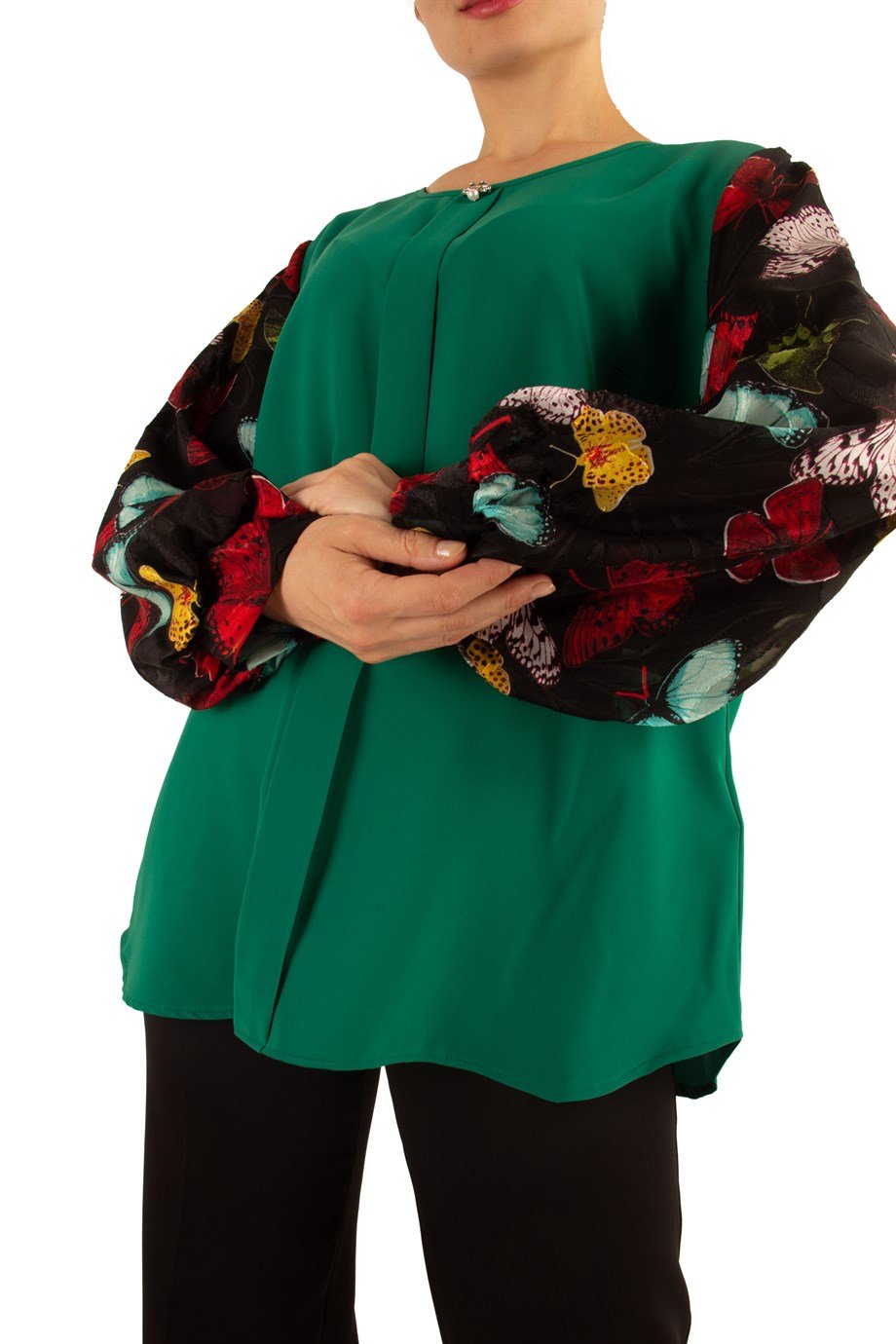 Print Lace Baloon Sleeve Big Size Blouse - Emerald Green