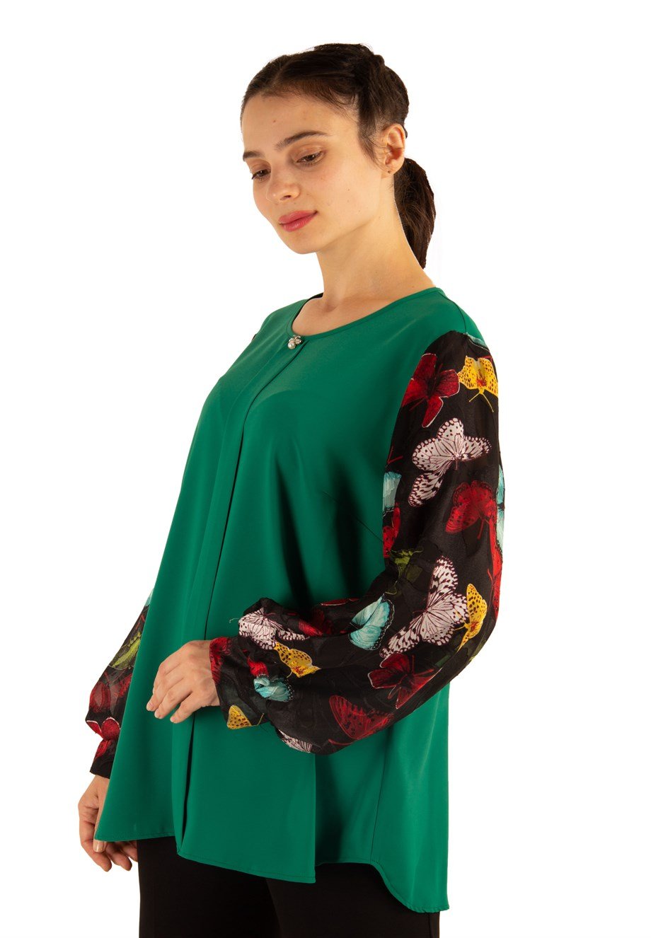 Print Lace Baloon Sleeve Big Size Blouse - Emerald Green