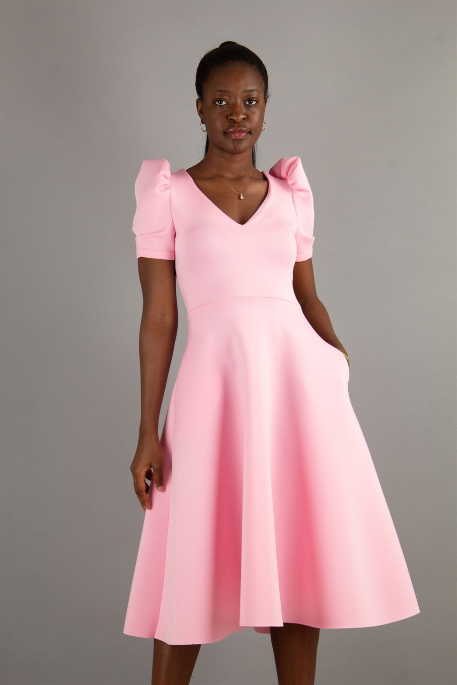 Puff Sleeve V Neck Scuba Dress