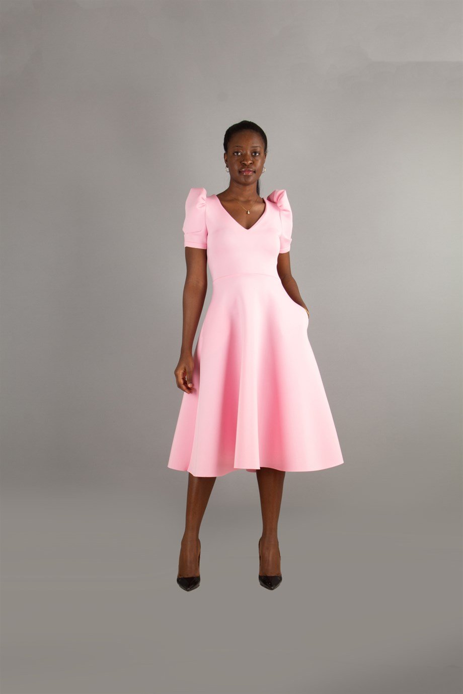 Puff Sleeve V Neck Scuba Dress