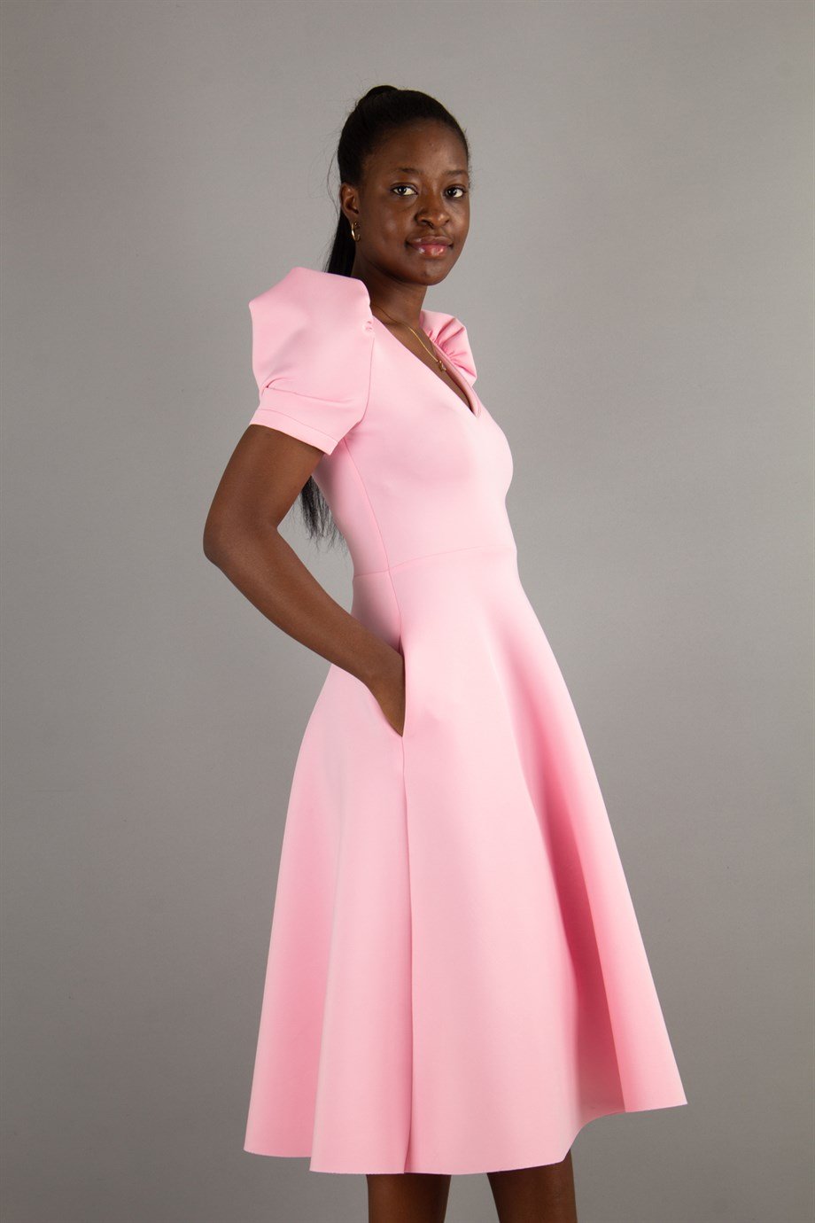 Puff Sleeve V Neck Scuba Dress