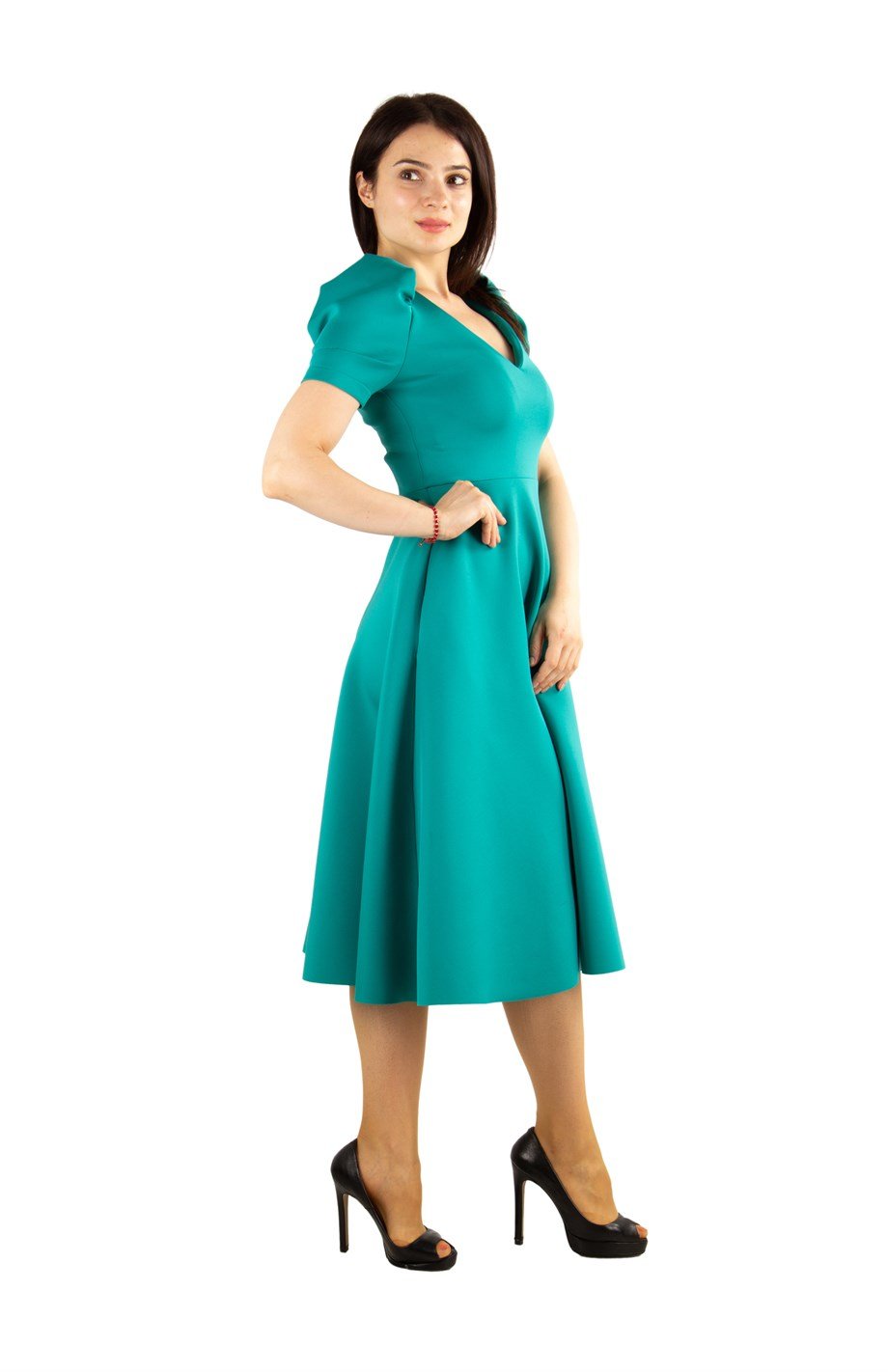 Puff Sleeve V Neck Scuba Dress - Benetton Green