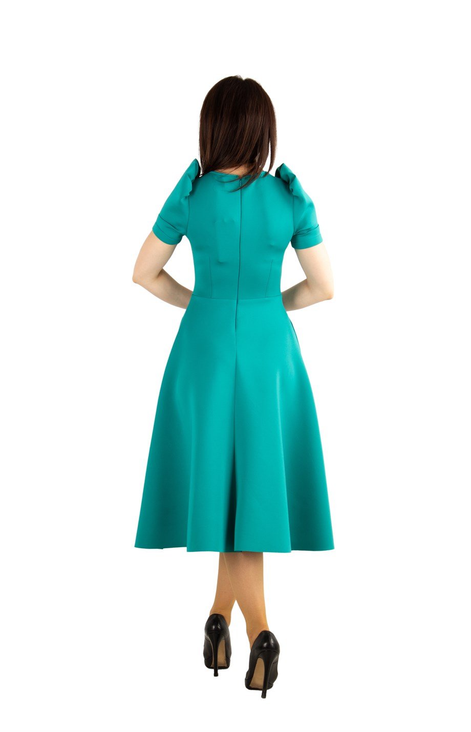 Puff Sleeve V Neck Scuba Dress - Benetton Green