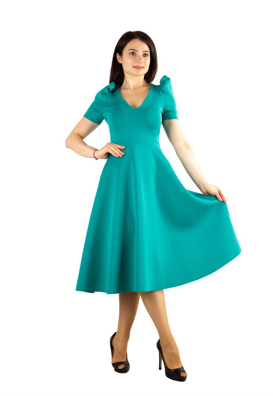 Puff Sleeve V Neck Scuba Dress - Benetton Green