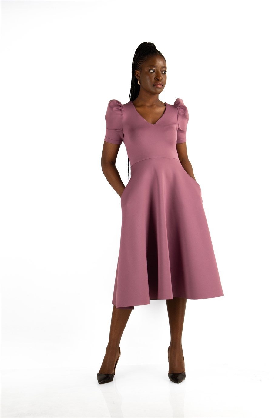Puff Sleeve V Neck Scuba Dress - Rusty Rose