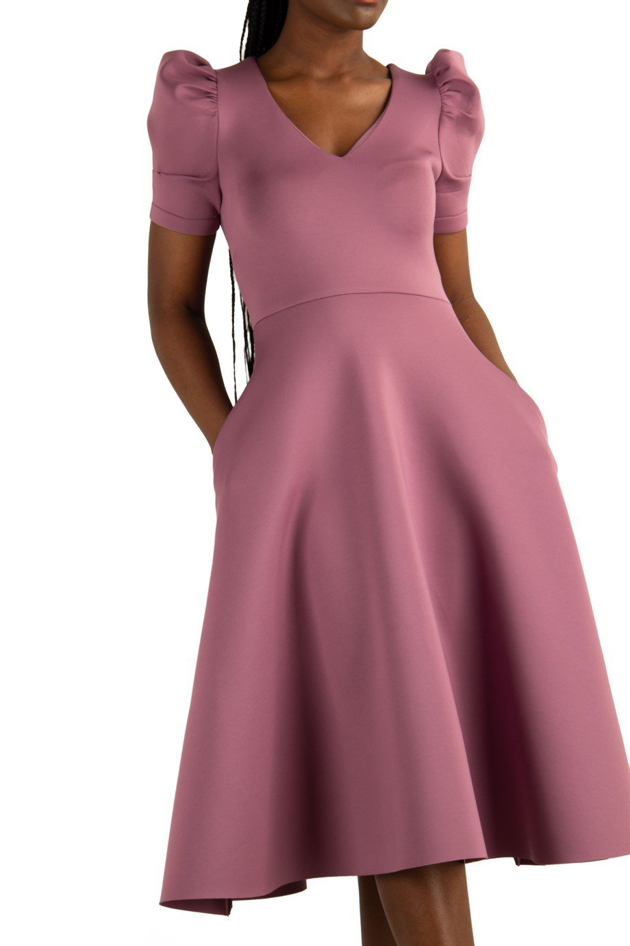 Puff Sleeve V Neck Scuba Dress - Rusty Rose