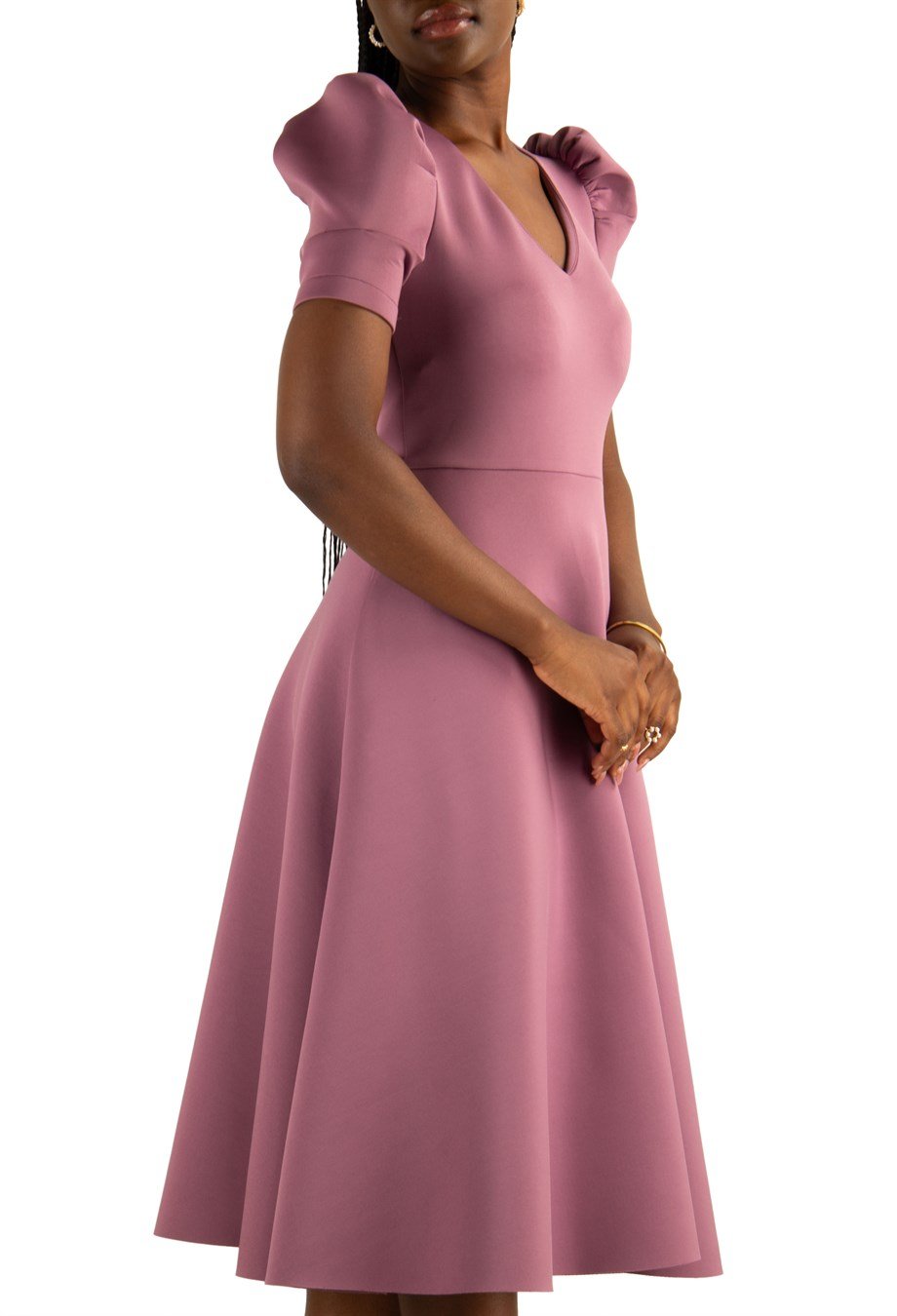 Puff Sleeve V Neck Scuba Dress - Rusty Rose