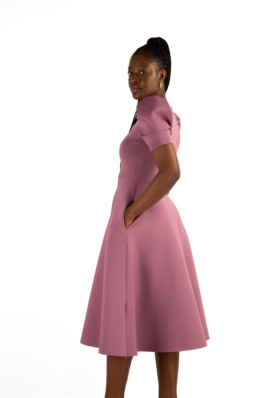 Puff Sleeve V Neck Scuba Dress - Rusty Rose