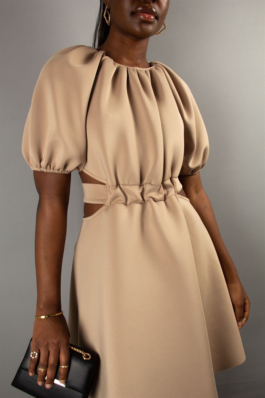 Puff Sleeves Bow-Tie Low-Cut Back Dress - 