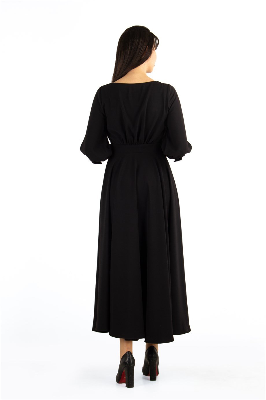 Round Neck Half Sleeve Flare Maxi Dress - Black
