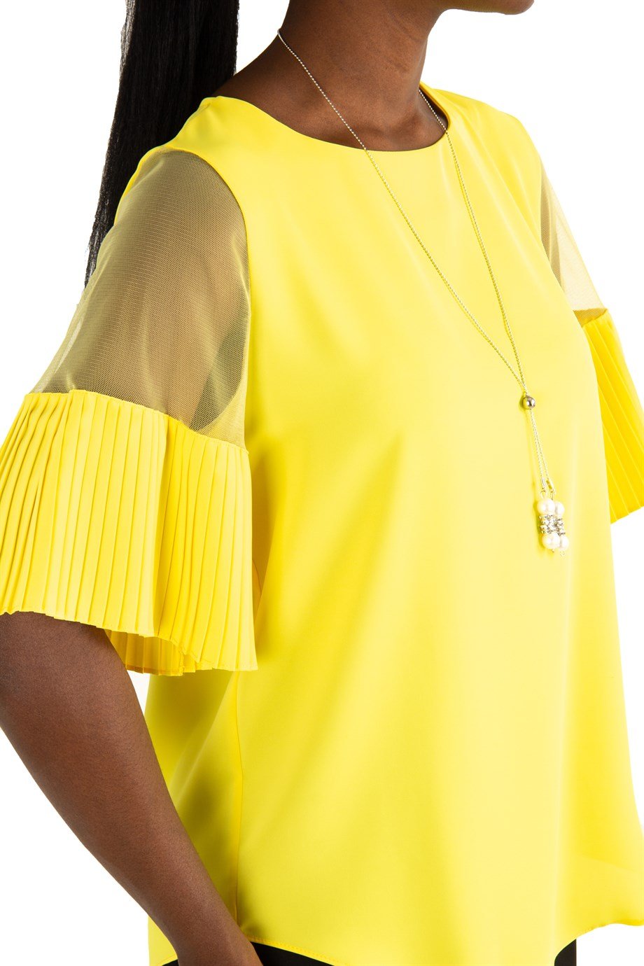 Round Neck Short Pleated Tulle Sleeve Blouse - Yellow