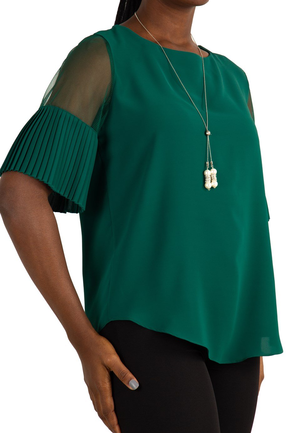 Round Neck Short Pleated Tulle Sleeve Big Size Blouse - Emerald Green