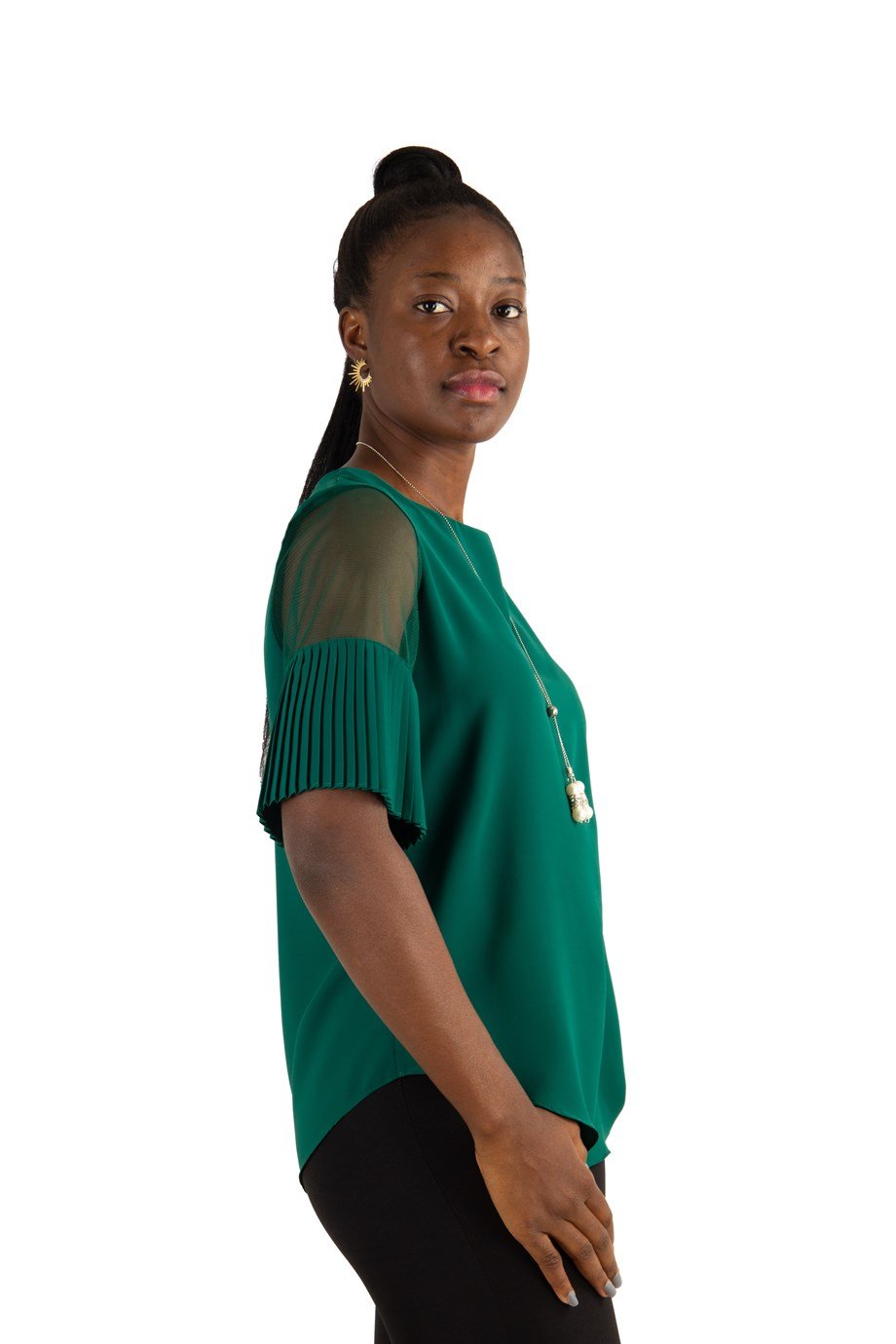 Round Neck Short Pleated Tulle Sleeve Big Size Blouse - Emerald Green